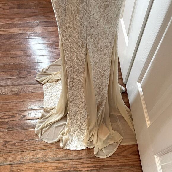 Cache Champagne Lace Gown with Pearl Neck and Godet Mesh Insert Size 4 EUC - Picture 8 of 13